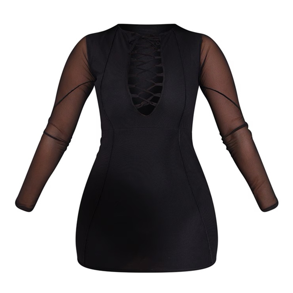 Pretty Little Thing Black Mesh Lace Up Detail Long Sleeve  Dress